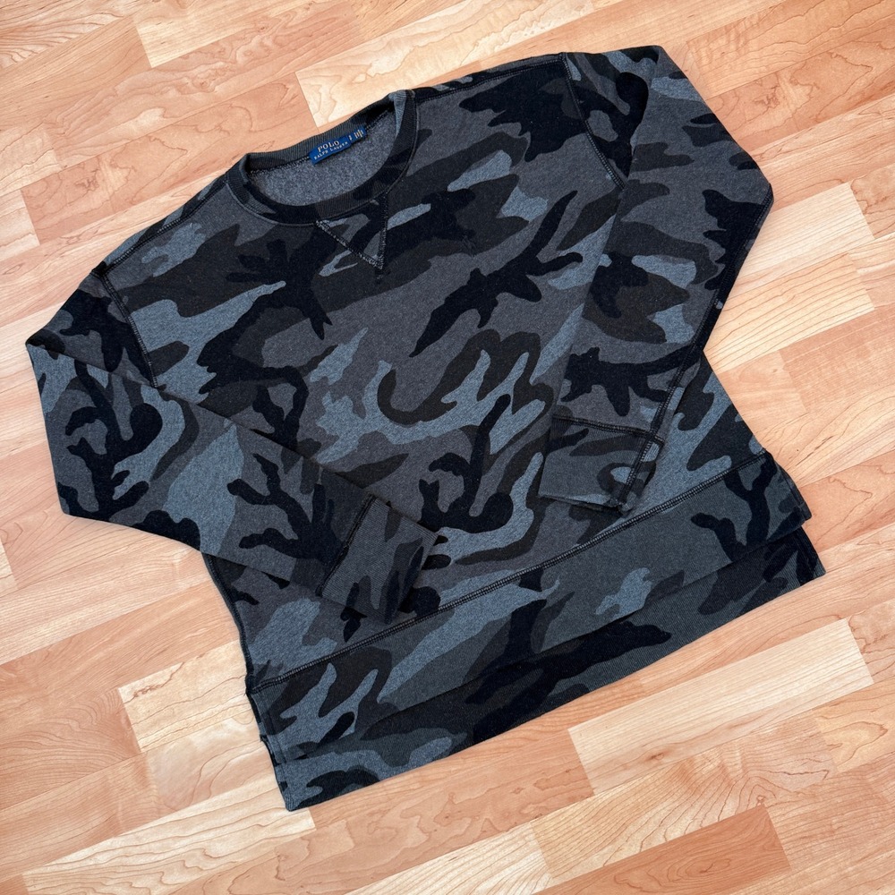 Polo Ralph Lauren Mens Camo Fleece Crewneck Sweatshirt Gray Black Small